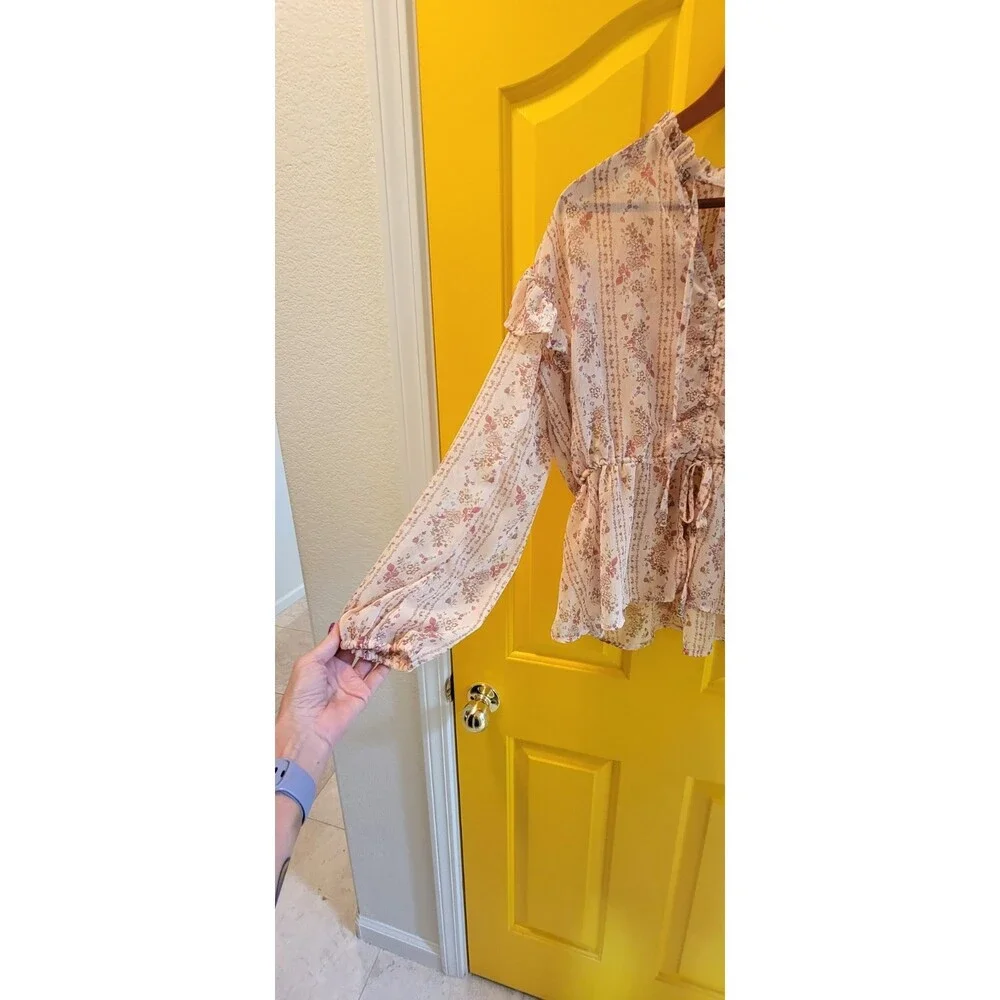 Sheer Pink Floral Flowy Blouse Size M